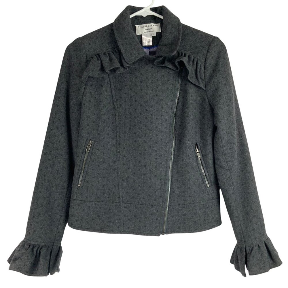 Helene Berman Gray Star Print Flared Long Sleeve Zip Up Wool Jacket Size 4